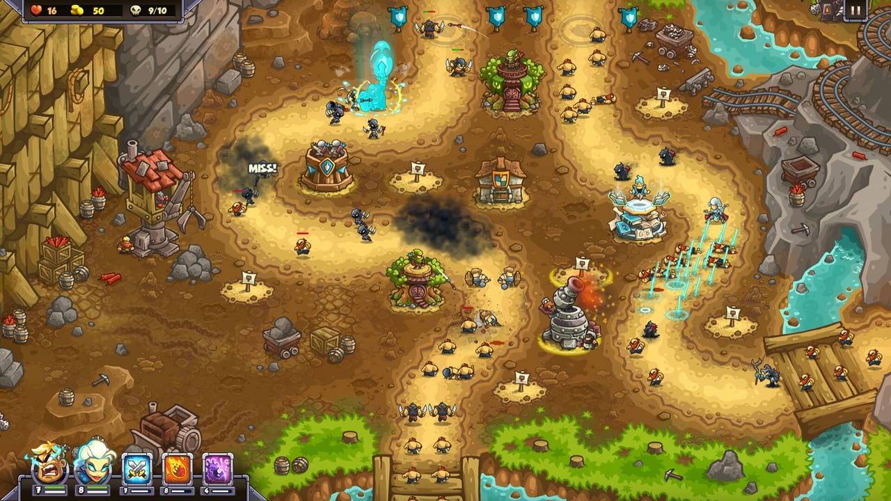 Kingdom Rush 6: Genesis TD battle with towers firing on a forest lane while two heroes hold the path
