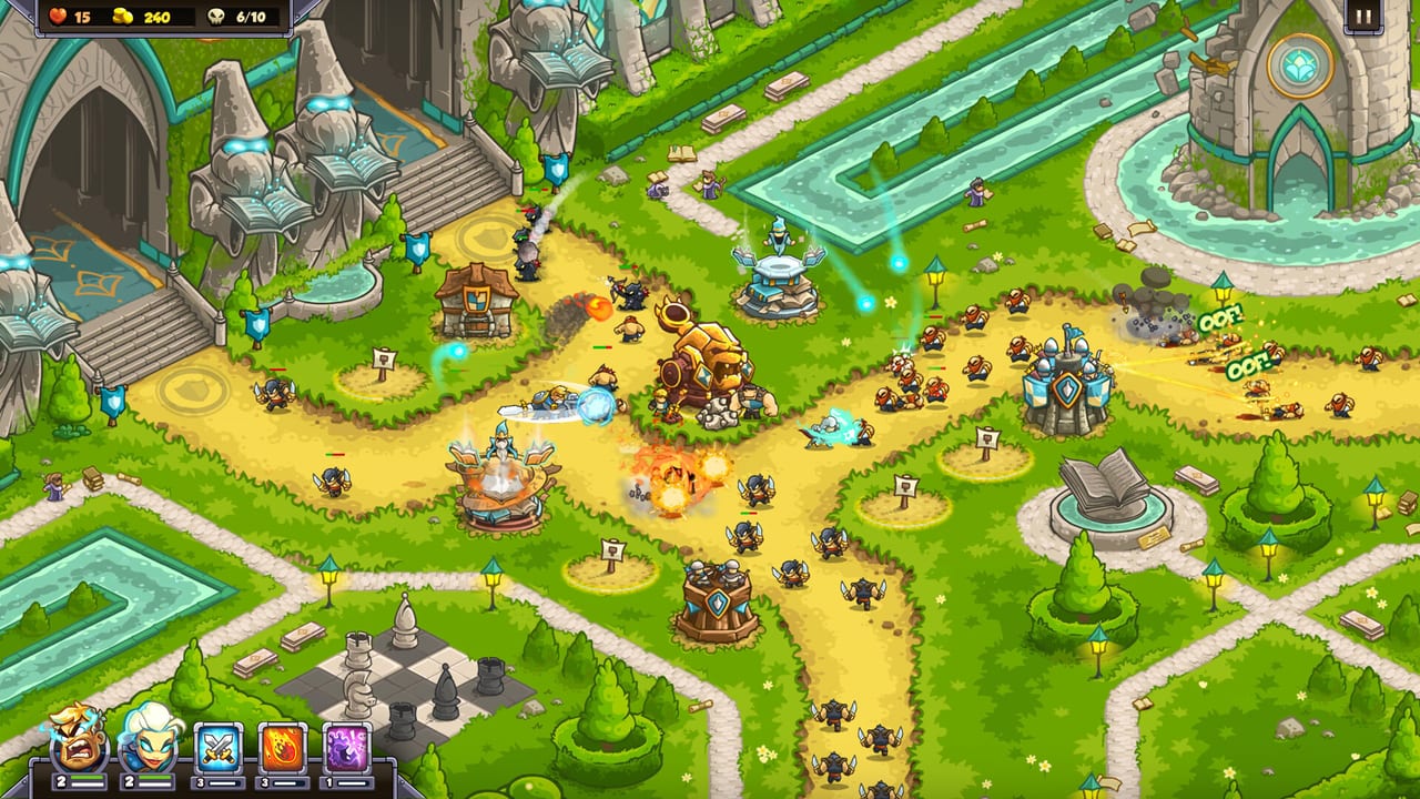 Kingdom Rush 6: Genesis TD campaign overview showing a Linirea stage, HUD, and tower slots